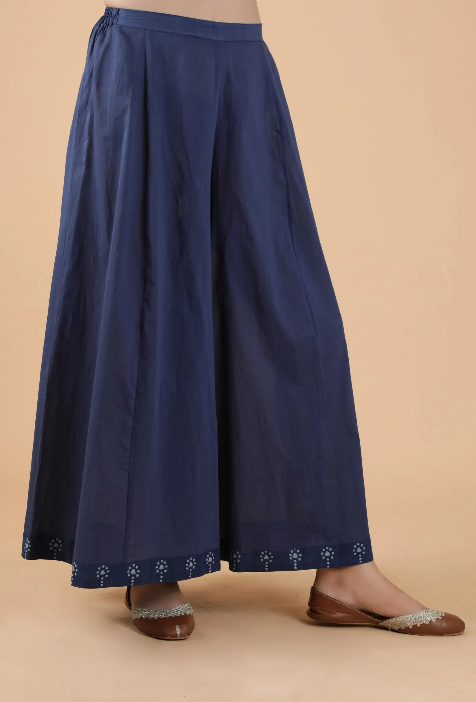 Aadhila Indigo Solid Blue Flared Kalidar Palazzo Pants With Print Border