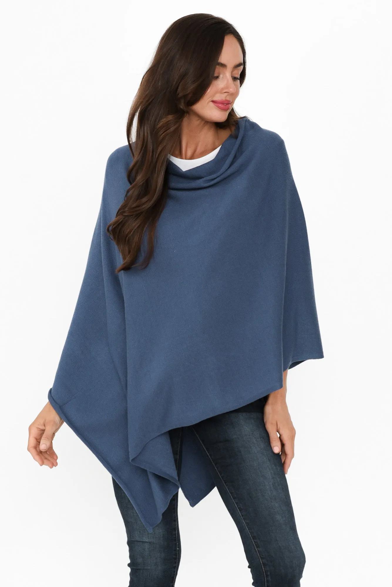 Amy Sea Blue Wool Blend Poncho