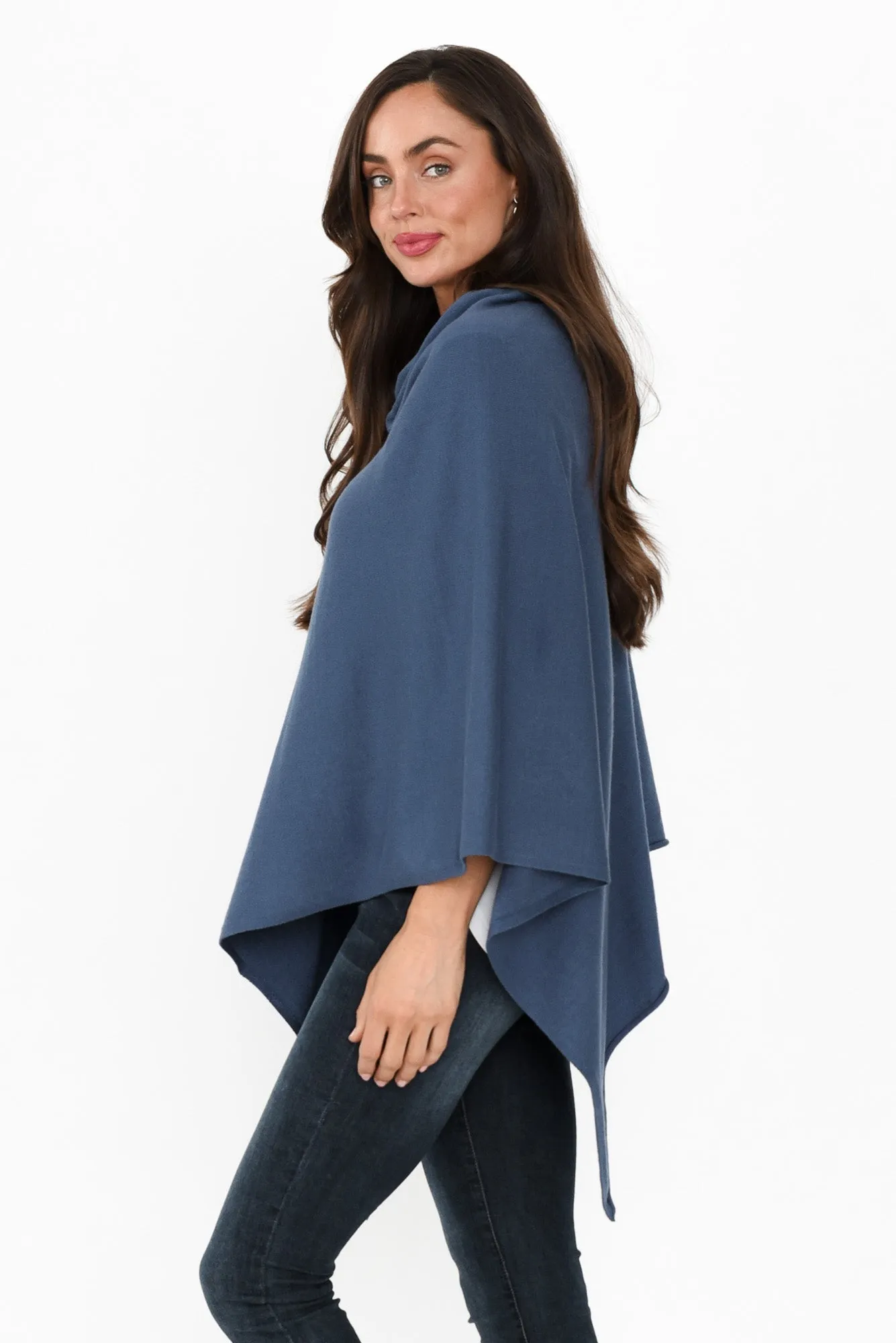 Amy Sea Blue Wool Blend Poncho