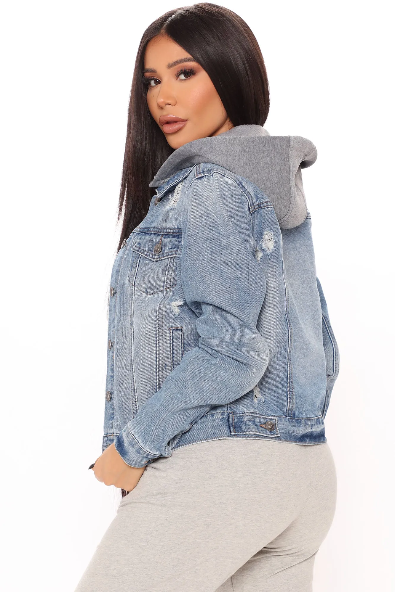 Attract Trouble Hooded Denim Jacket - Medium Wash