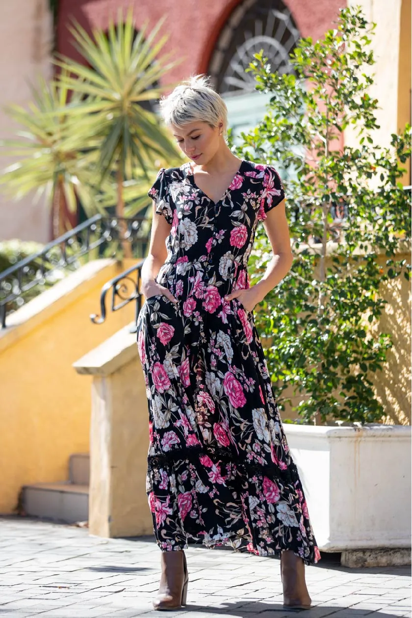 Augustina Black/Pink Floral Button Front Maxi Dress