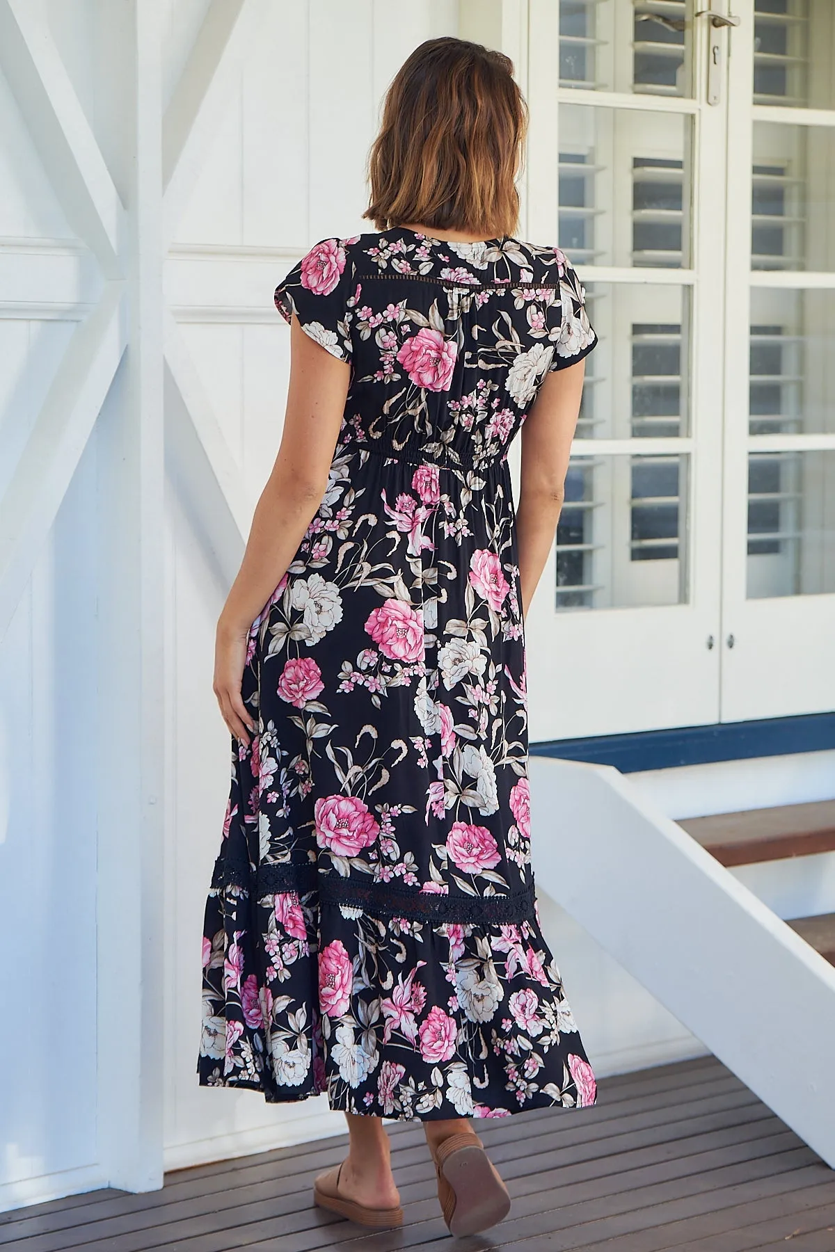 Augustina Black/Pink Floral Button Front Maxi Dress