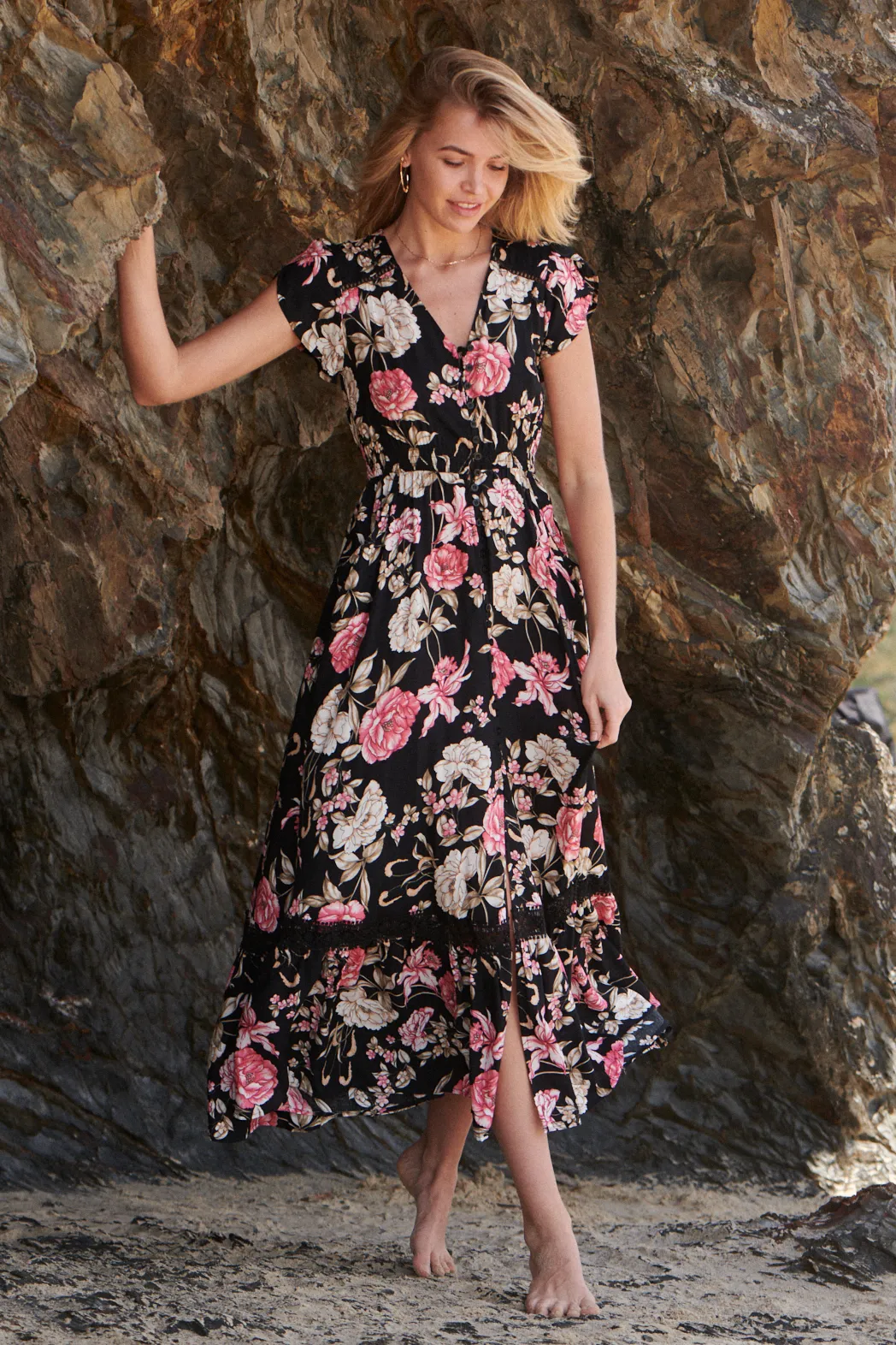 Augustina Black/Pink Floral Button Front Maxi Dress