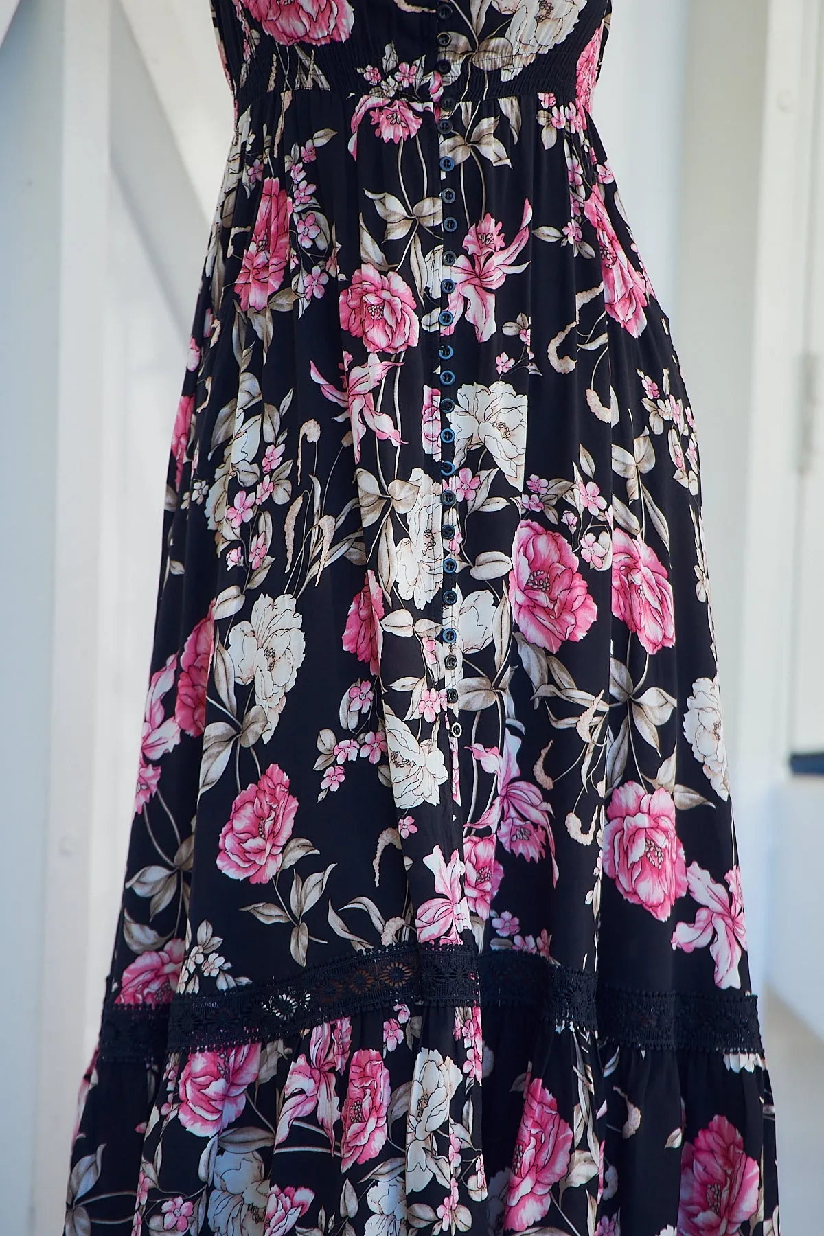 Augustina Black/Pink Floral Button Front Maxi Dress