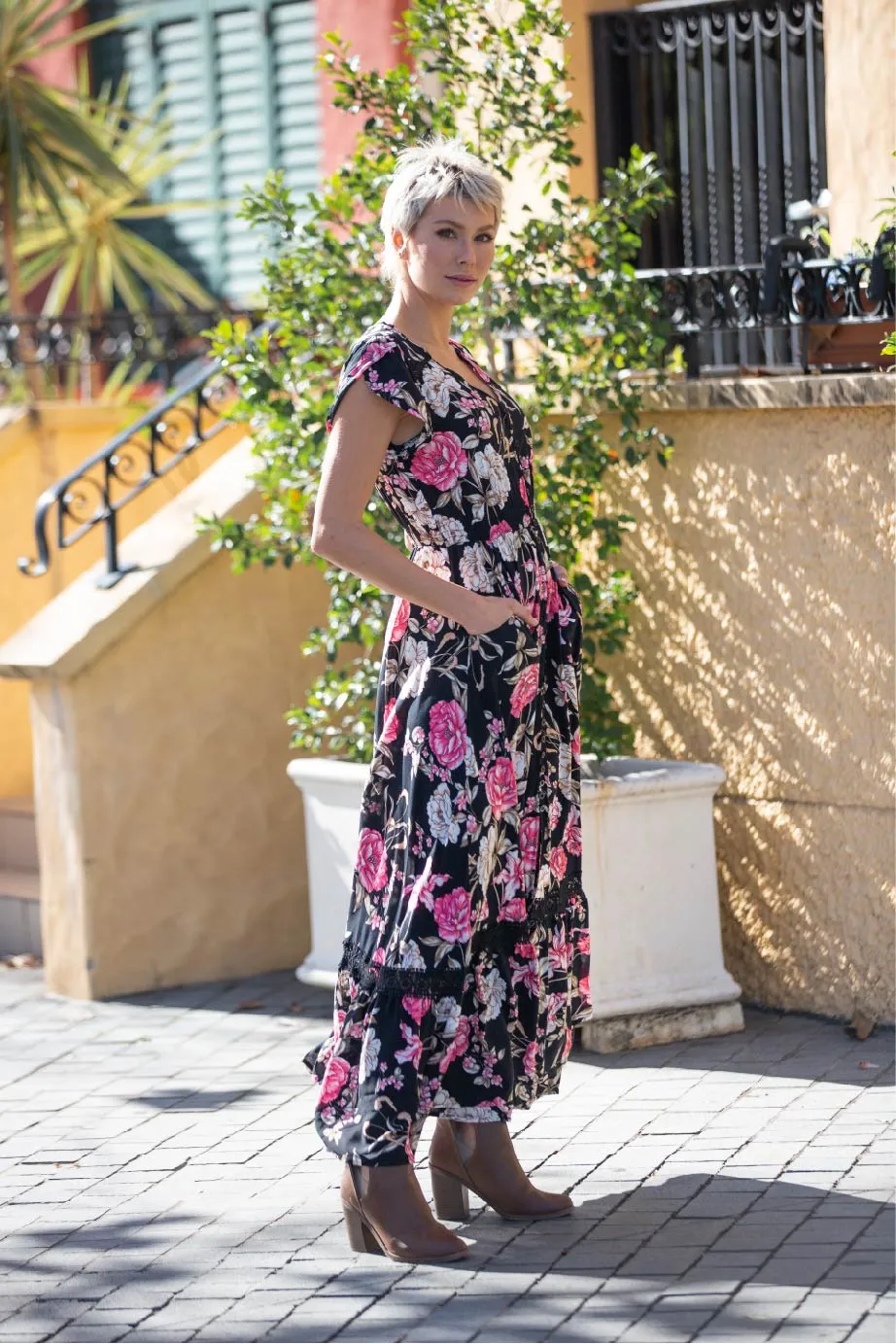 Augustina Black/Pink Floral Button Front Maxi Dress