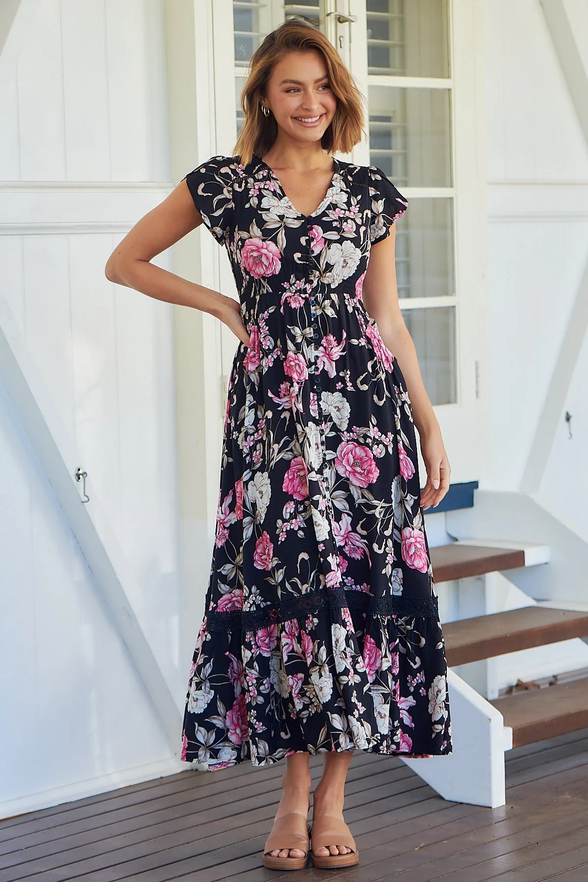 Augustina Black/Pink Floral Button Front Maxi Dress