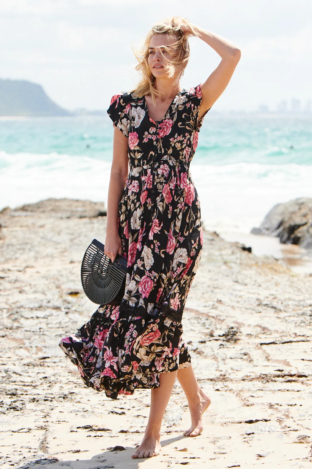 Augustina Black/Pink Floral Button Front Maxi Dress