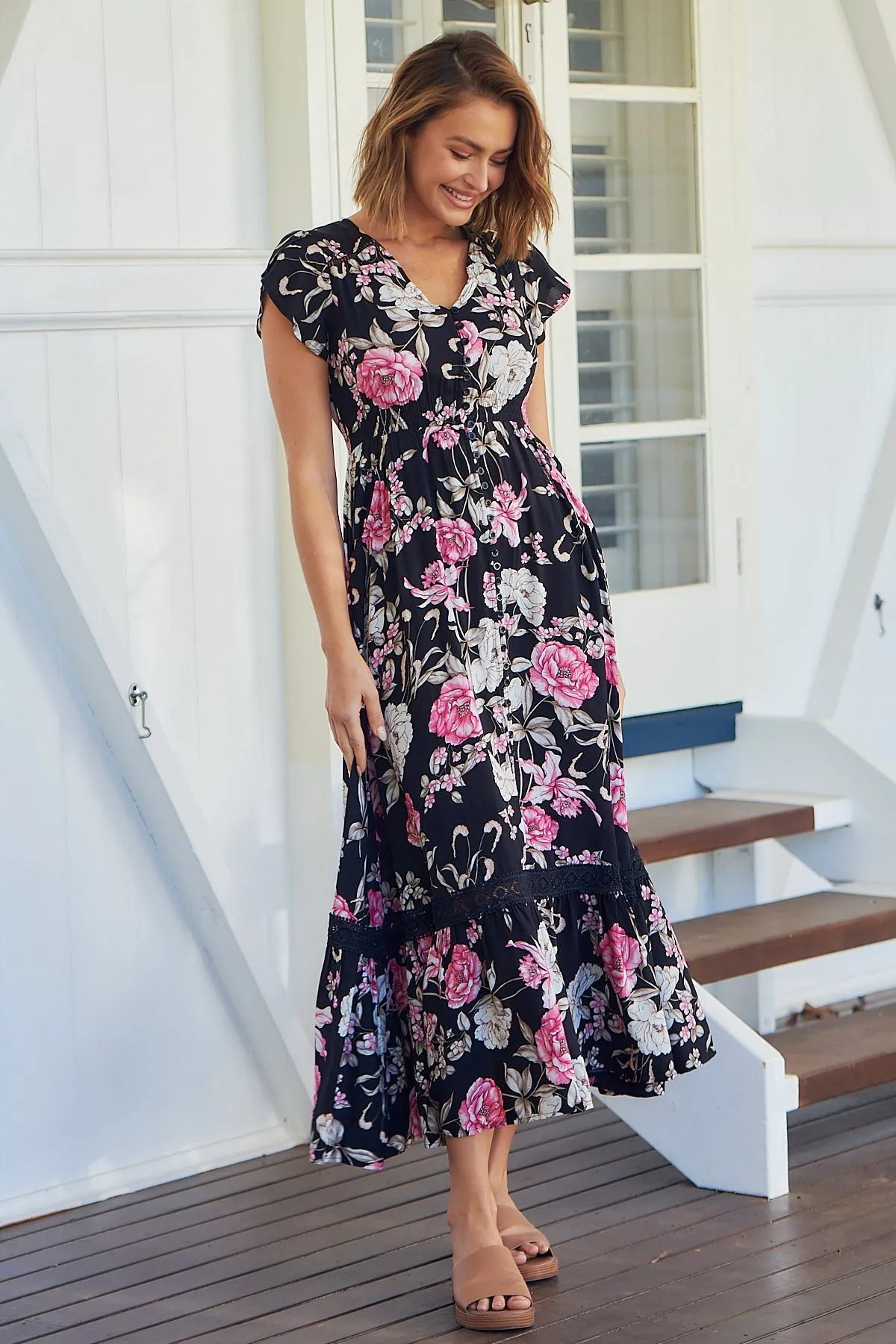 Augustina Black/Pink Floral Button Front Maxi Dress