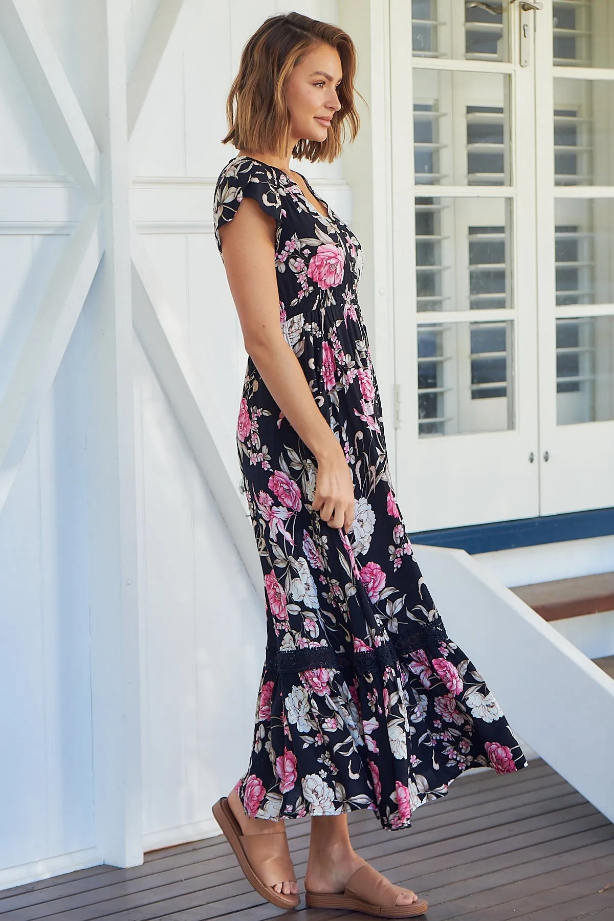 Augustina Black/Pink Floral Button Front Maxi Dress