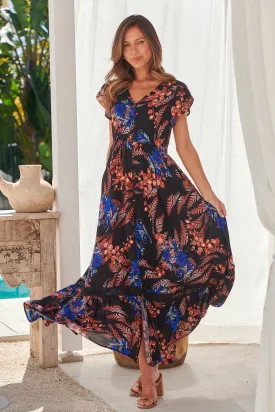 Augustina Black/Red/Royal Blue Floral Button Front Maxi Dress