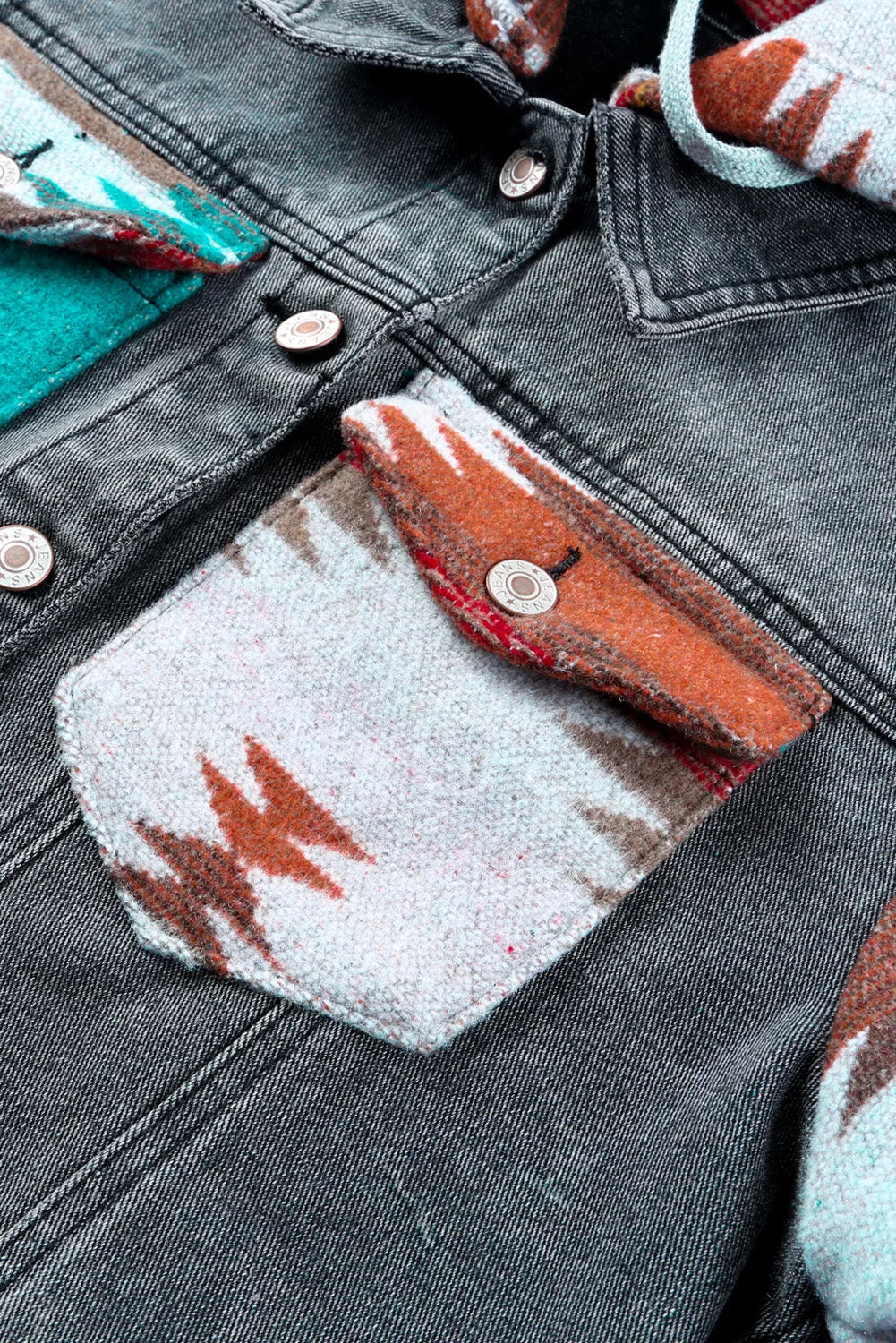 Aztec Print Frayed Hem Denim Jacket