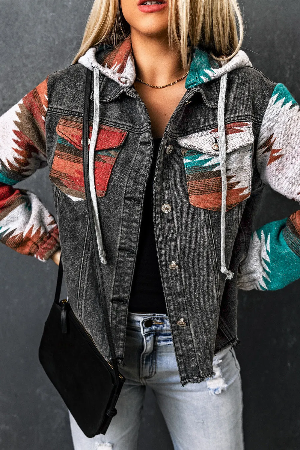 Aztec Print Frayed Hem Denim Jacket