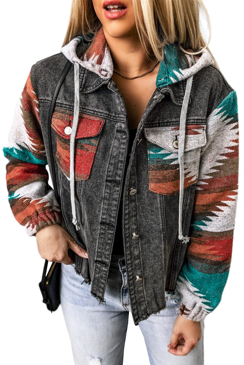 Aztec Print Frayed Hem Denim Jacket