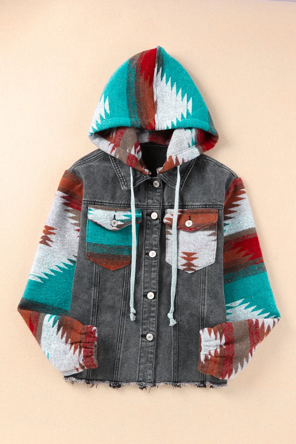 Aztec Print Frayed Hem Denim Jacket