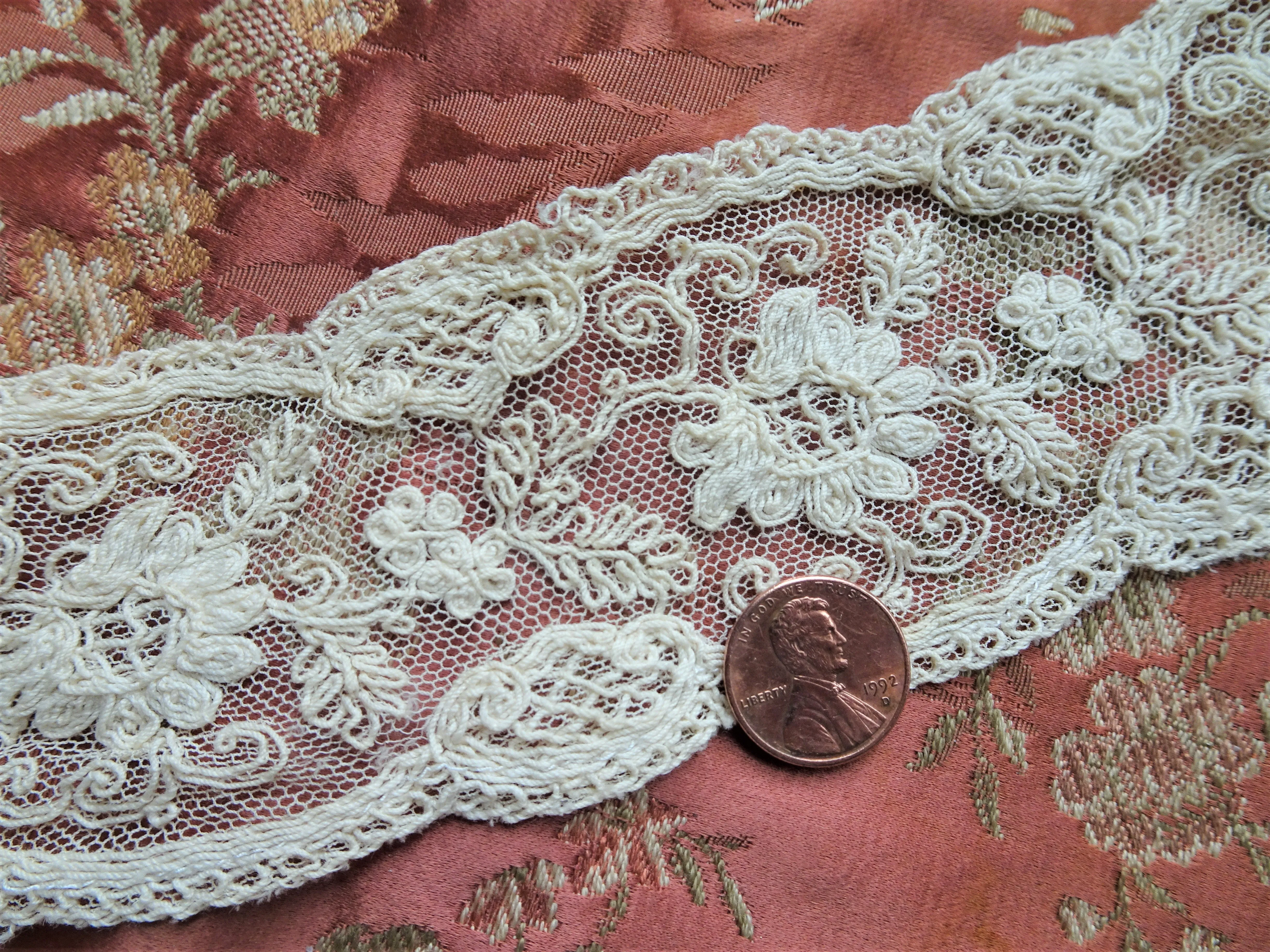 BEAUTIFUL French Netted Lace Collar, Stunning Tambour Lace, V Neck,Heavily worked on Netted Lace,Bridal Lace, Fine Heirloom Sewing, Collectible Vintage Lace