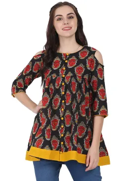 Black & Red Printed 3/4Th Sleeve Cotton Flared Tunics