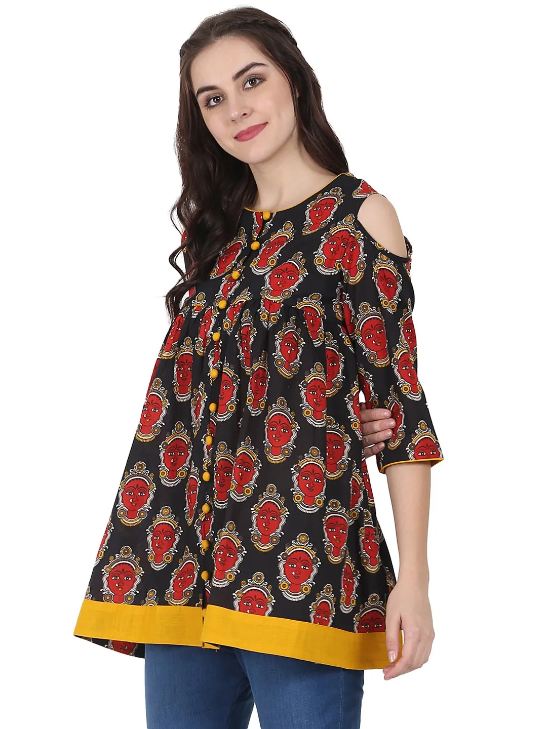 Black & Red Printed 3/4Th Sleeve Cotton Flared Tunics