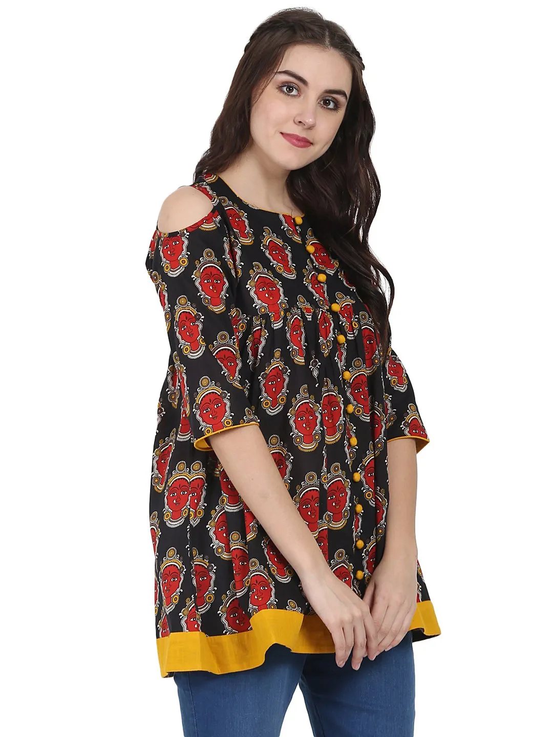 Black & Red Printed 3/4Th Sleeve Cotton Flared Tunics