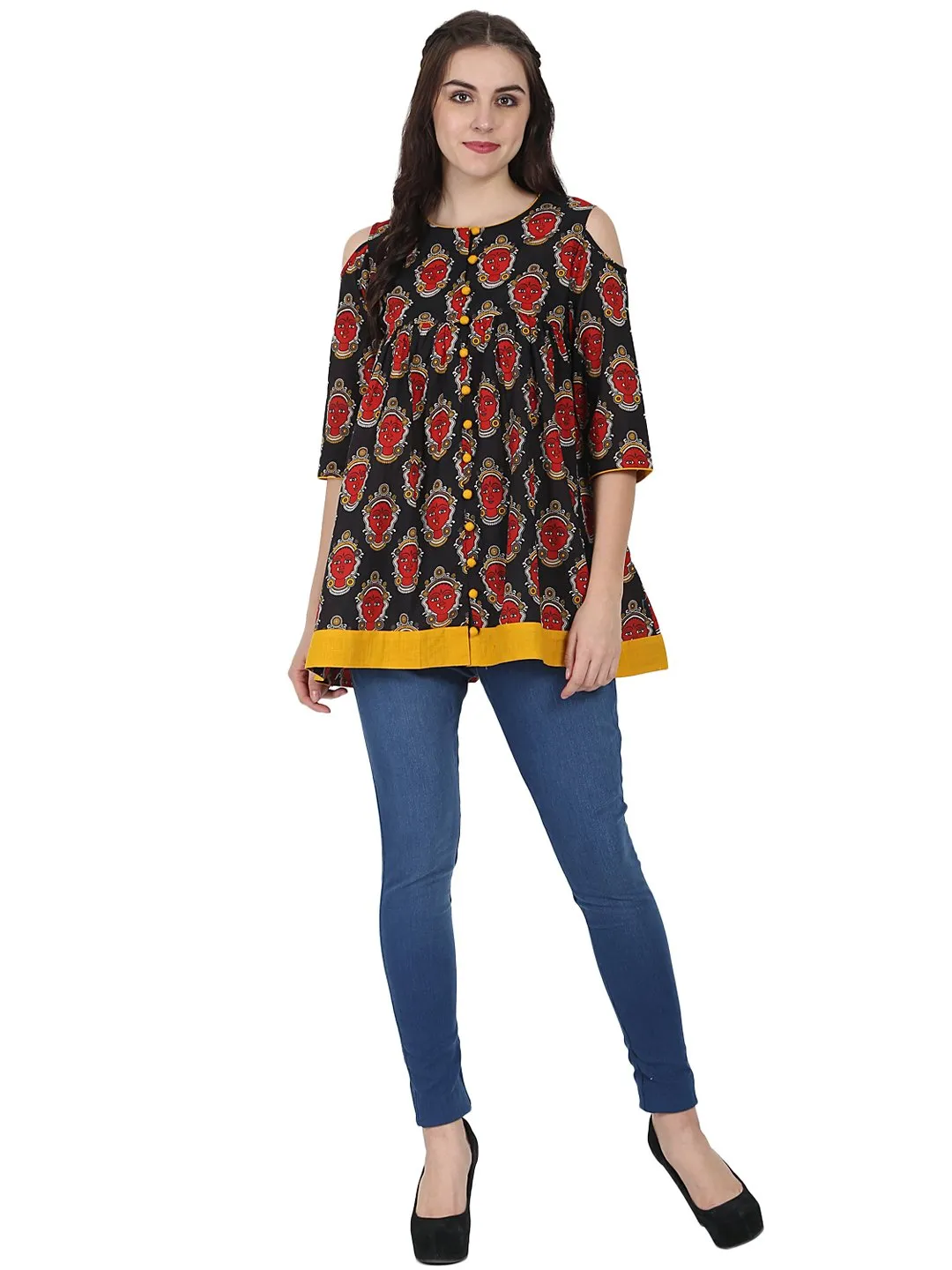 Black & Red Printed 3/4Th Sleeve Cotton Flared Tunics