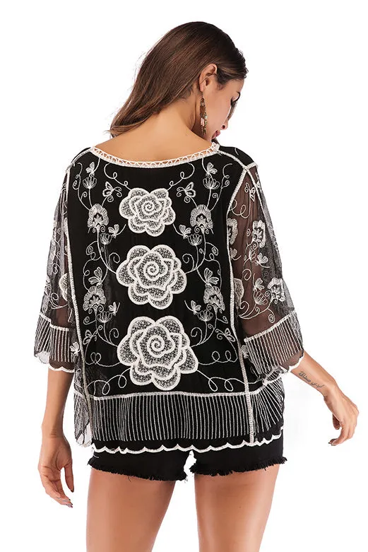 Black Embroidered Lace Chiffon Blouse