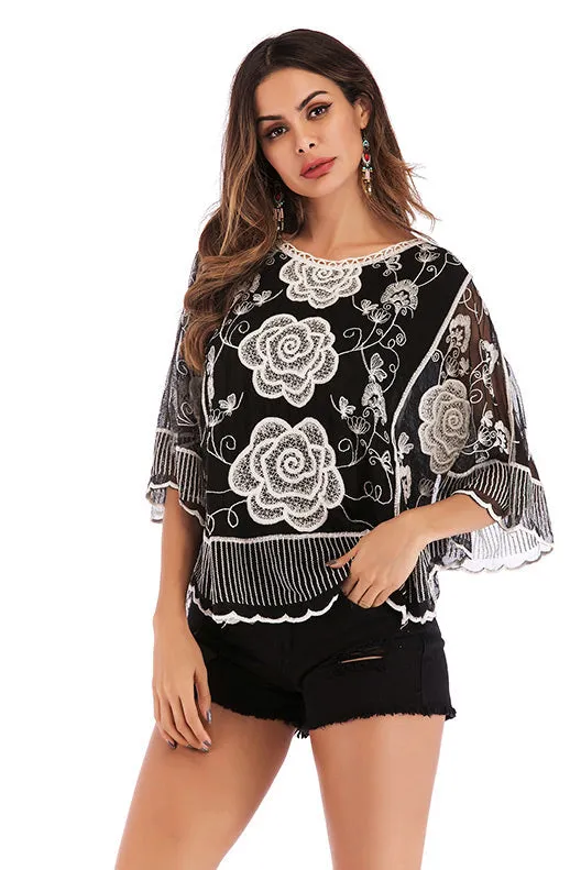 Black Embroidered Lace Chiffon Blouse