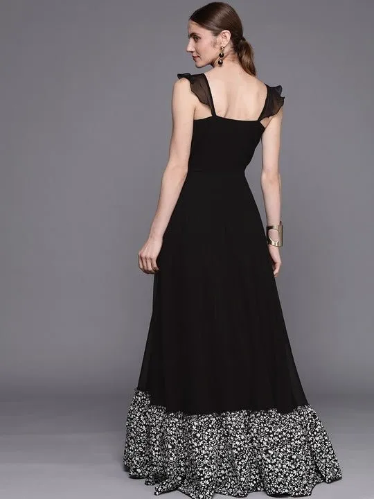 Black Floral Embroidered Georgette Ethnic A-Line Maxi Dress