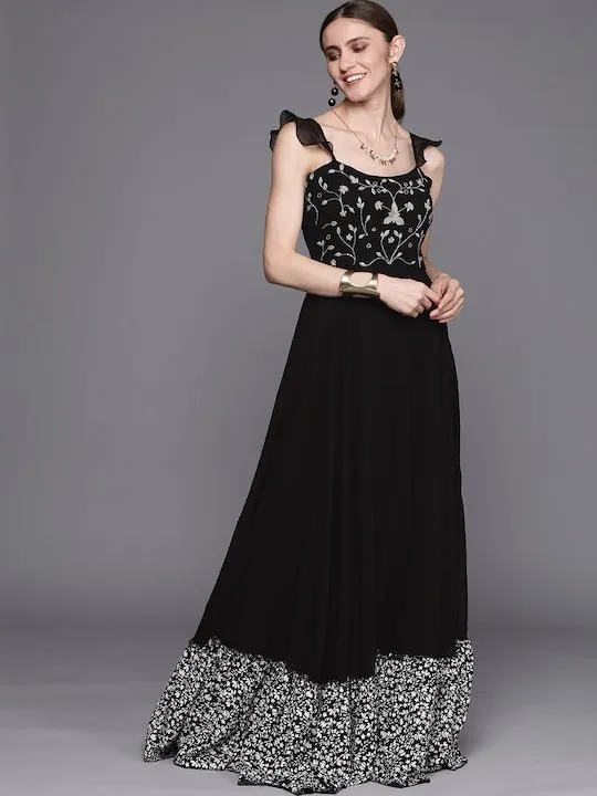 Black Floral Embroidered Georgette Ethnic A-Line Maxi Dress