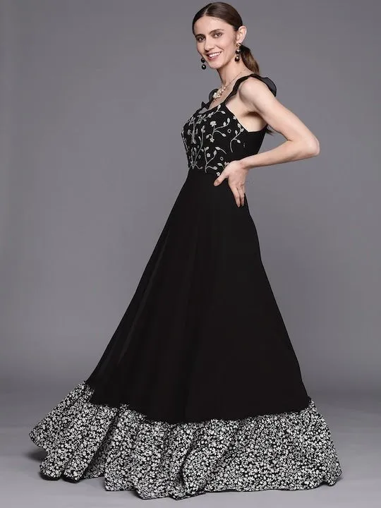 Black Floral Embroidered Georgette Ethnic A-Line Maxi Dress