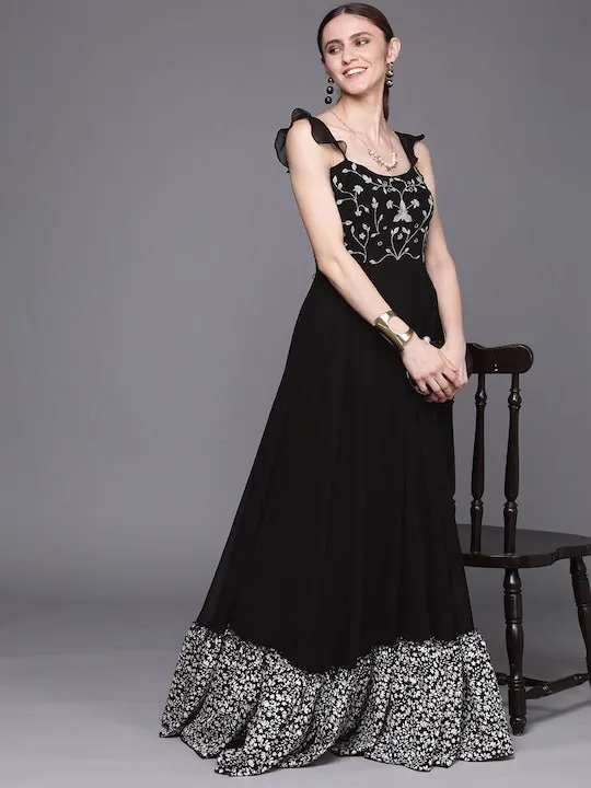 Black Floral Embroidered Georgette Ethnic A-Line Maxi Dress