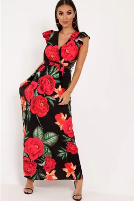 Black Floral Frill Sleeve Maxi Dress - Persia