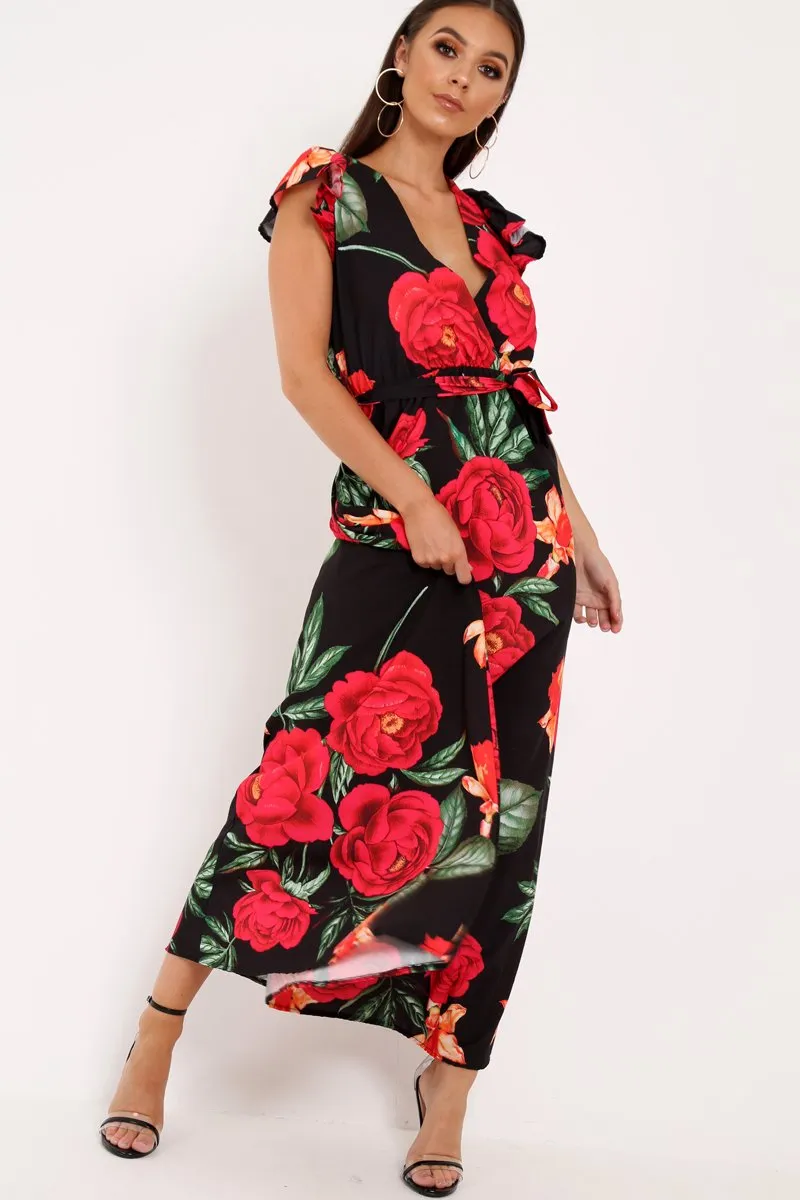 Black Floral Frill Sleeve Maxi Dress - Persia