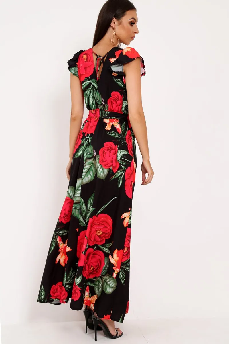 Black Floral Frill Sleeve Maxi Dress - Persia