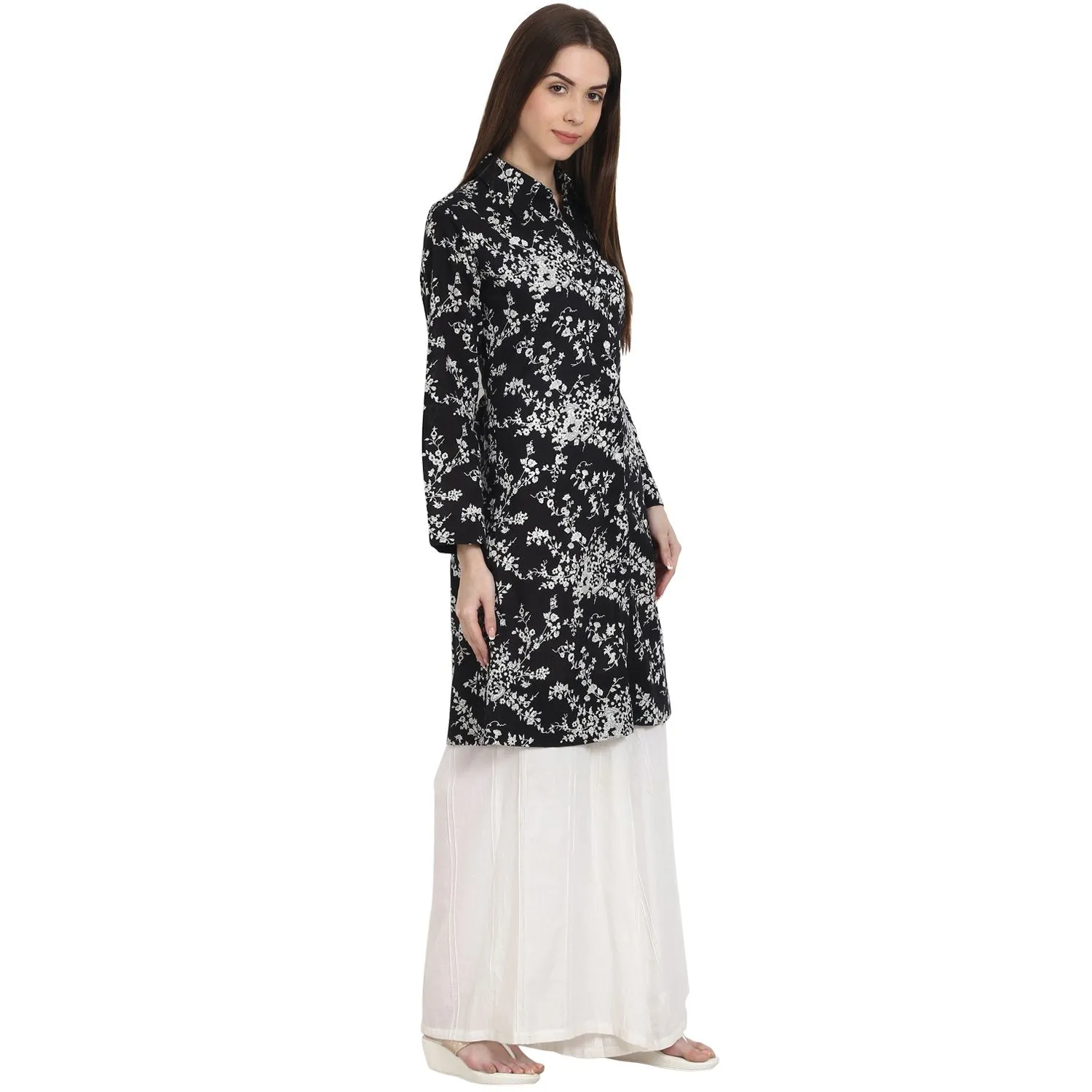 Black Printed Full Sleeve Front Open Cotton Tunics