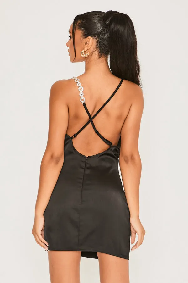 Black Satin Diamante Strap Bodycon Dress | Black Satin Mini Dress