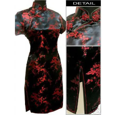 Black Traditional Chinese Dress Mujer Vestido Women's Satin Qipao Mini Cheongsam Flower Size S M L XL XXL XXXL 4XL 5XL 6XL J4039