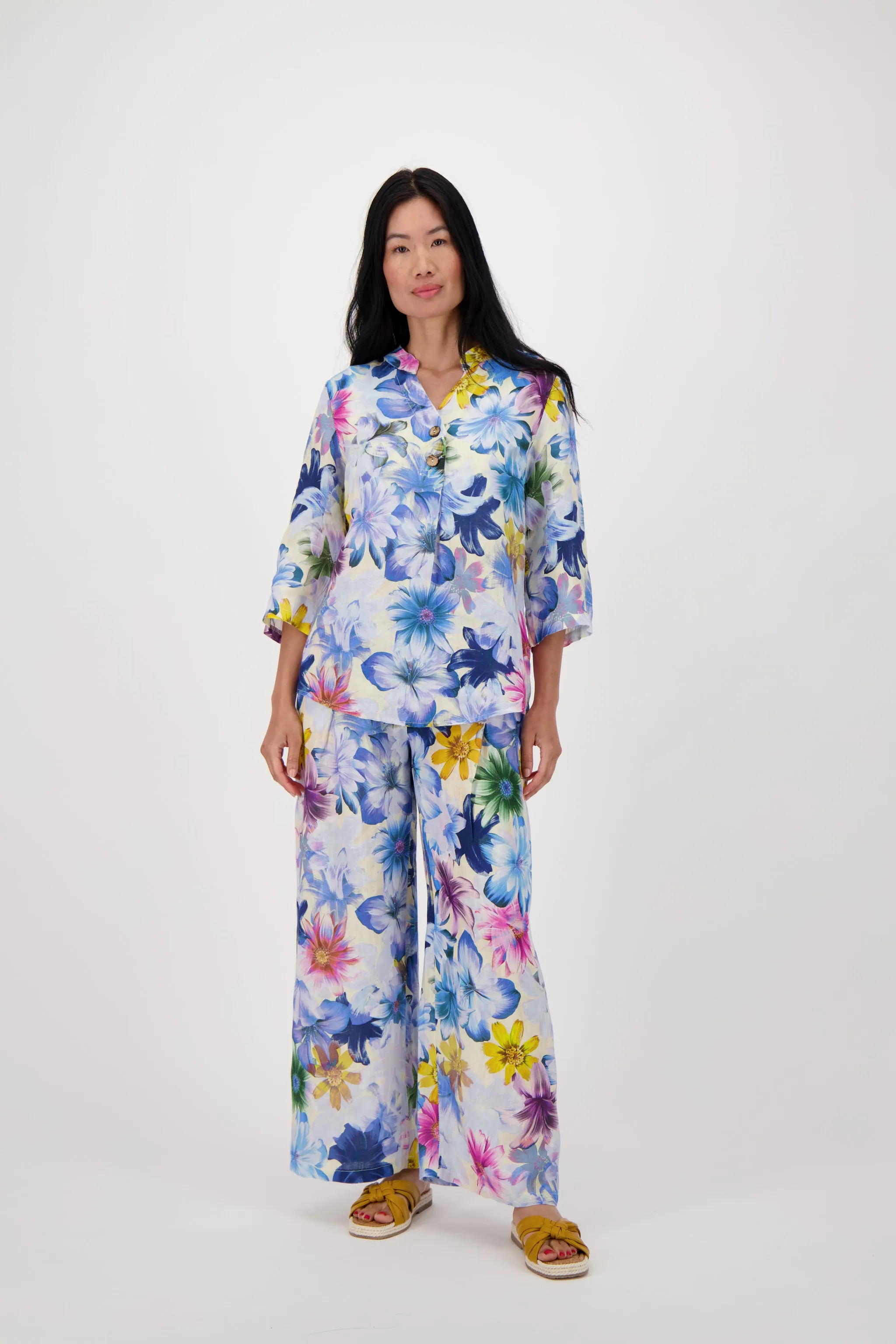 Blue Floral Print Linen Wide Leg Pant