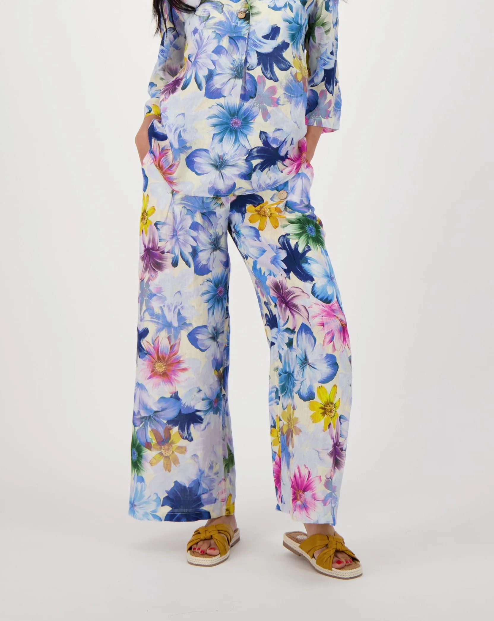 Blue Floral Print Linen Wide Leg Pant