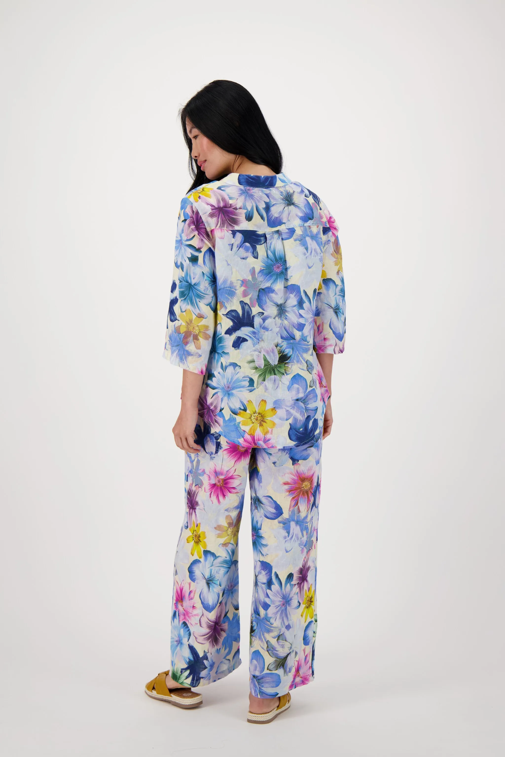 Blue Floral Print Linen Wide Leg Pant