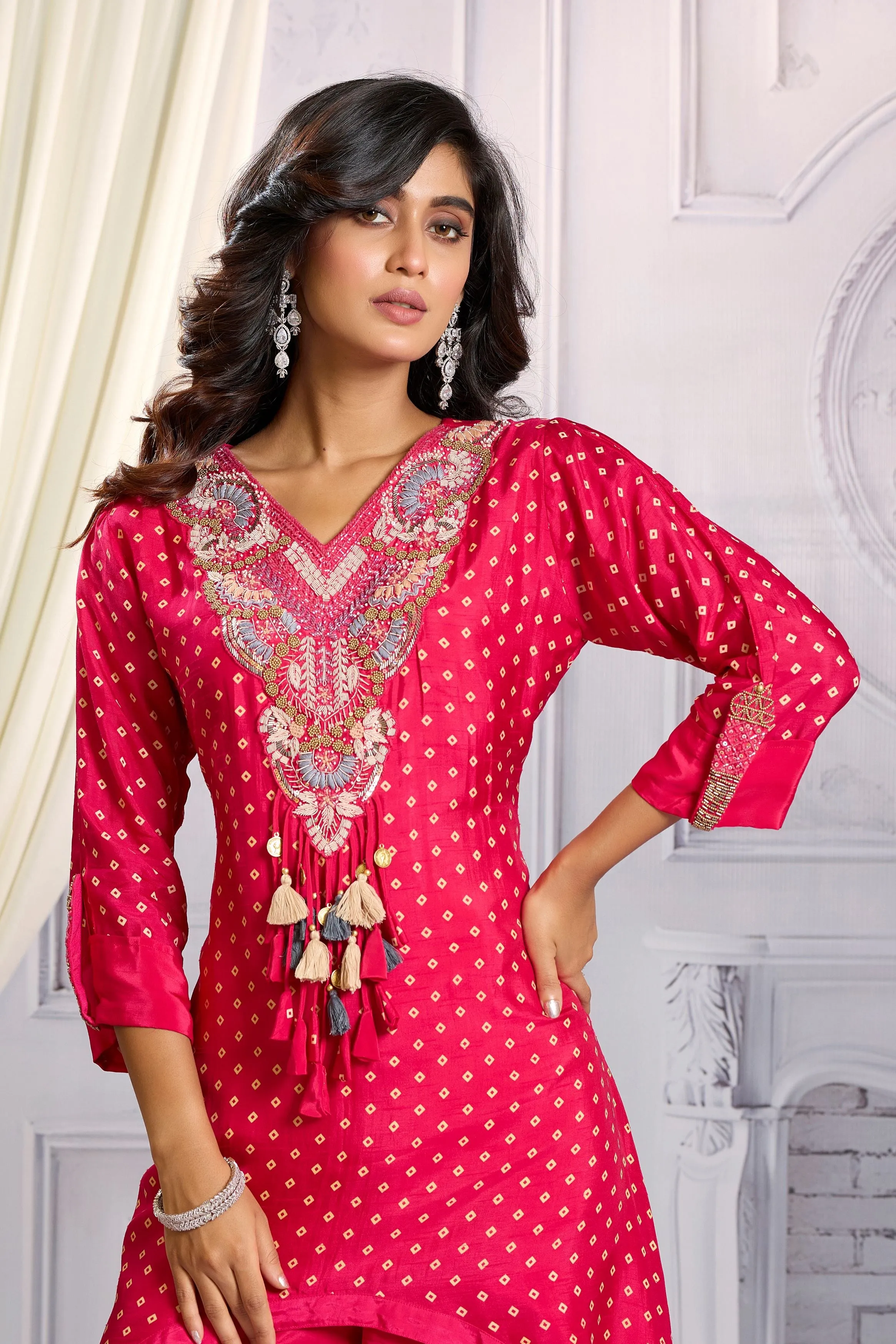 Brink Pink Bandhani Printed Kurta Set