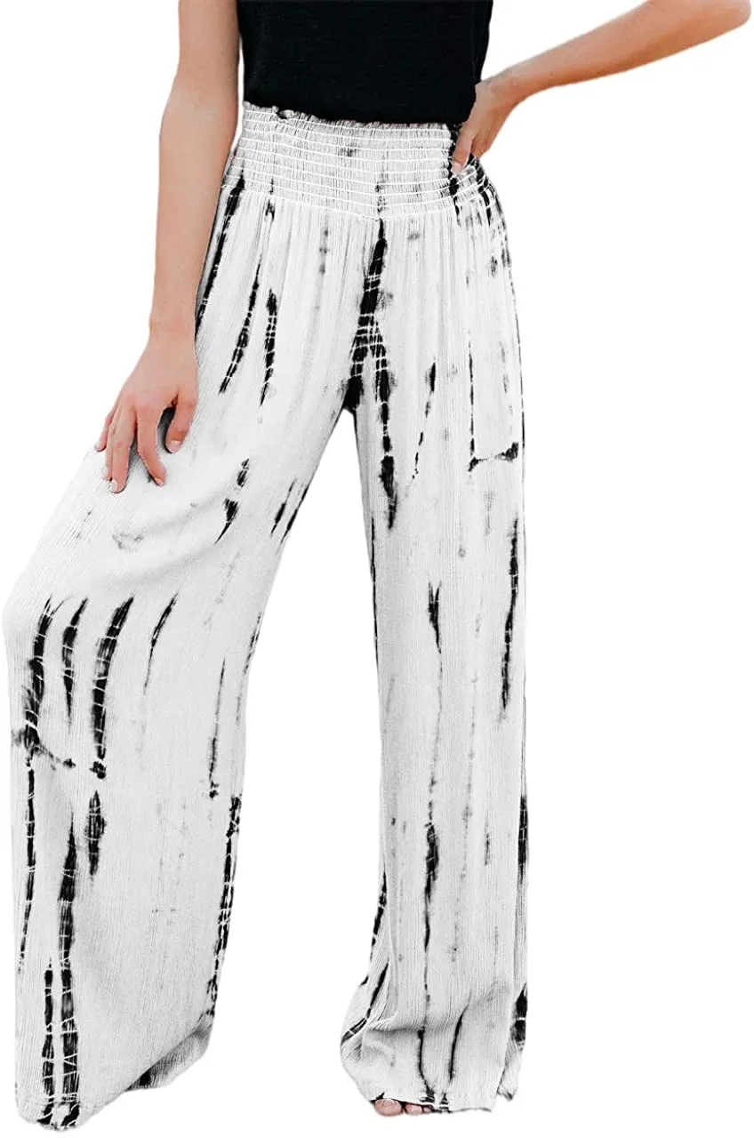 BZB Women Smocked High Waist Tie Dye Boho Pants Casual Print Wide Leg Pants