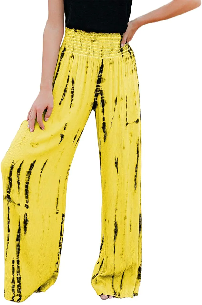 BZB Women Smocked High Waist Tie Dye Boho Pants Casual Print Wide Leg Pants