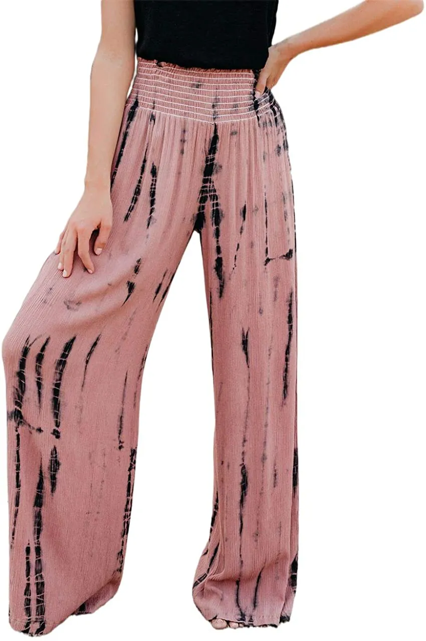 BZB Women Smocked High Waist Tie Dye Boho Pants Casual Print Wide Leg Pants