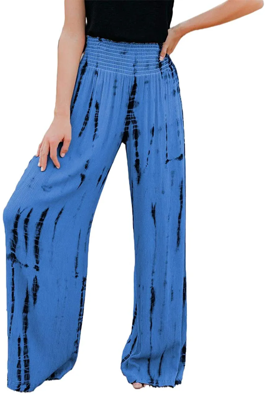 BZB Women Smocked High Waist Tie Dye Boho Pants Casual Print Wide Leg Pants