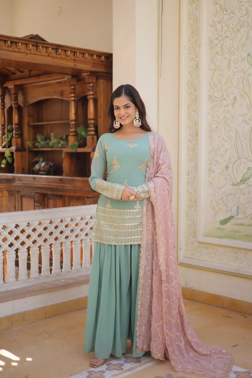 Cascade Green Stunning Faux Georgette Kurti-Palazzo-Dupatta Set with Sequin & Thread Embroidery