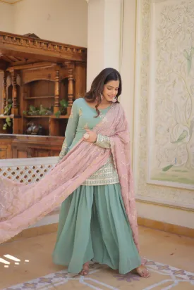 Cascade Green Stunning Faux Georgette Kurti-Palazzo-Dupatta Set with Sequin & Thread Embroidery