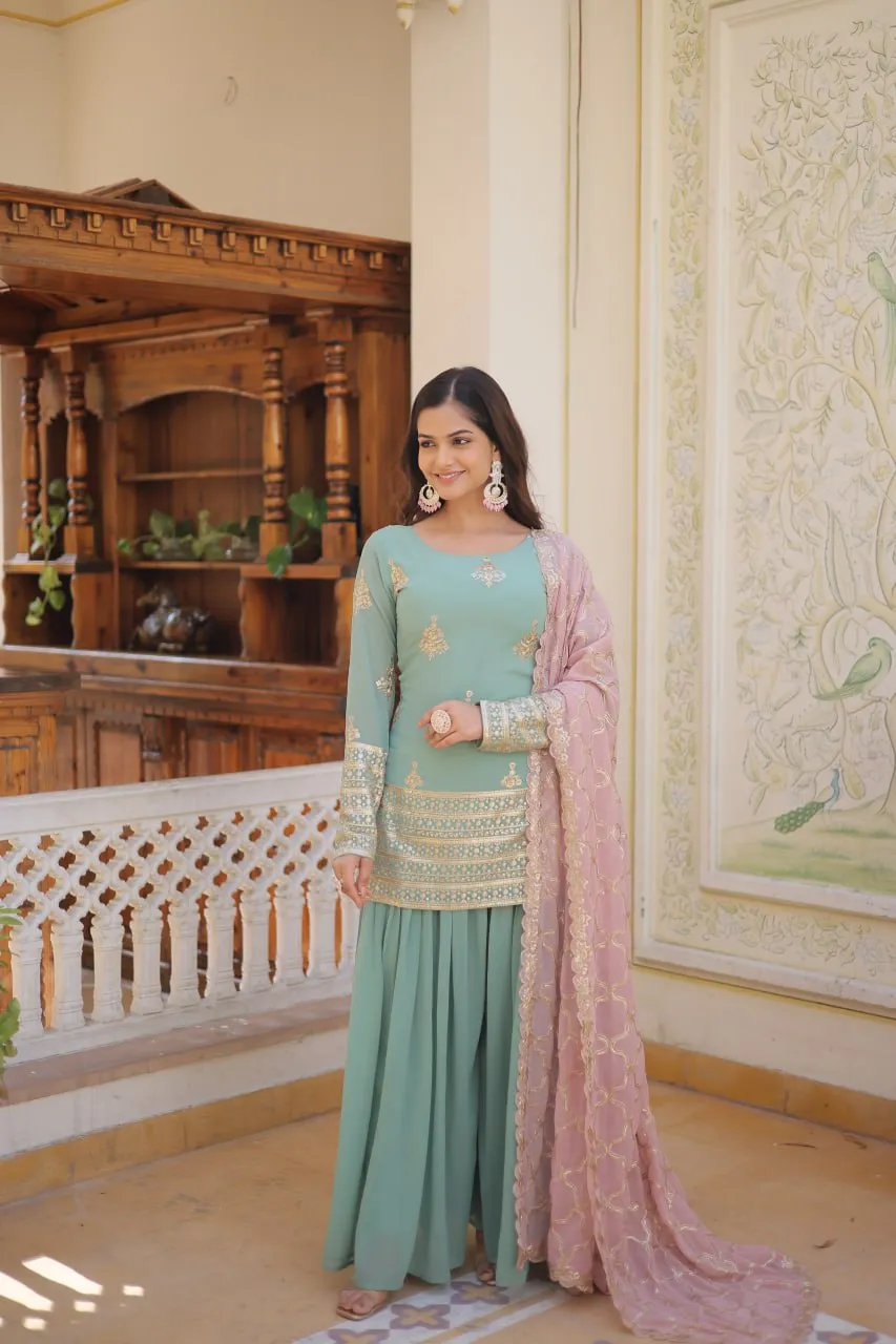 Cascade Green Stunning Faux Georgette Kurti-Palazzo-Dupatta Set with Sequin & Thread Embroidery