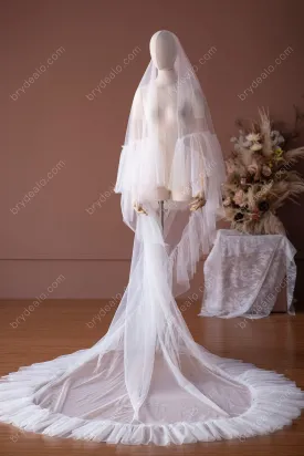 Chic Designer Two-tier Cathedral Length Ruffled Long Bridal Veil