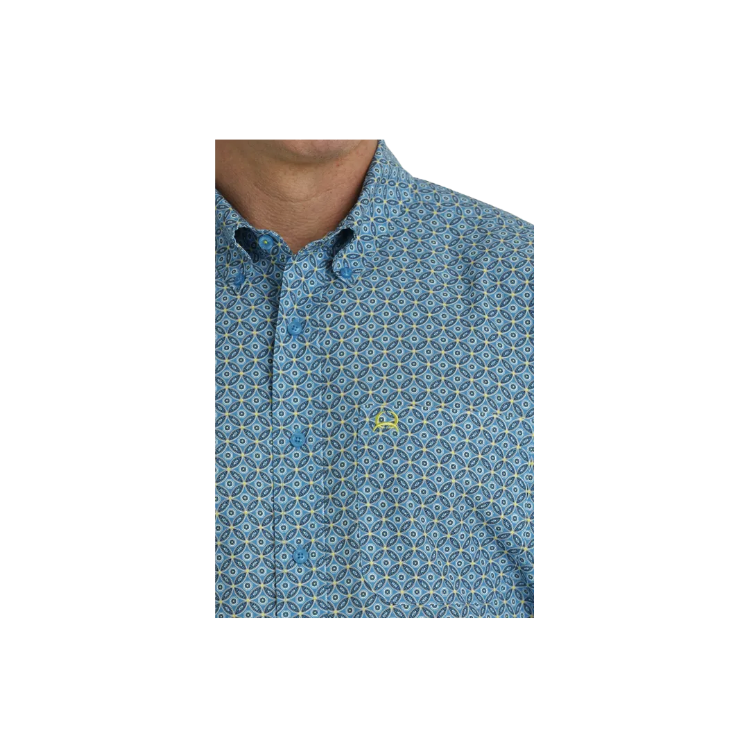 Cinch Men's Geometric Print Short Sleeve Arenaflex Button Down Blue Shirt