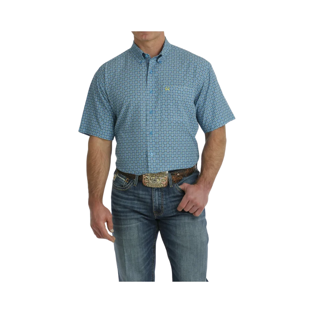 Cinch Men's Geometric Print Short Sleeve Arenaflex Button Down Blue Shirt