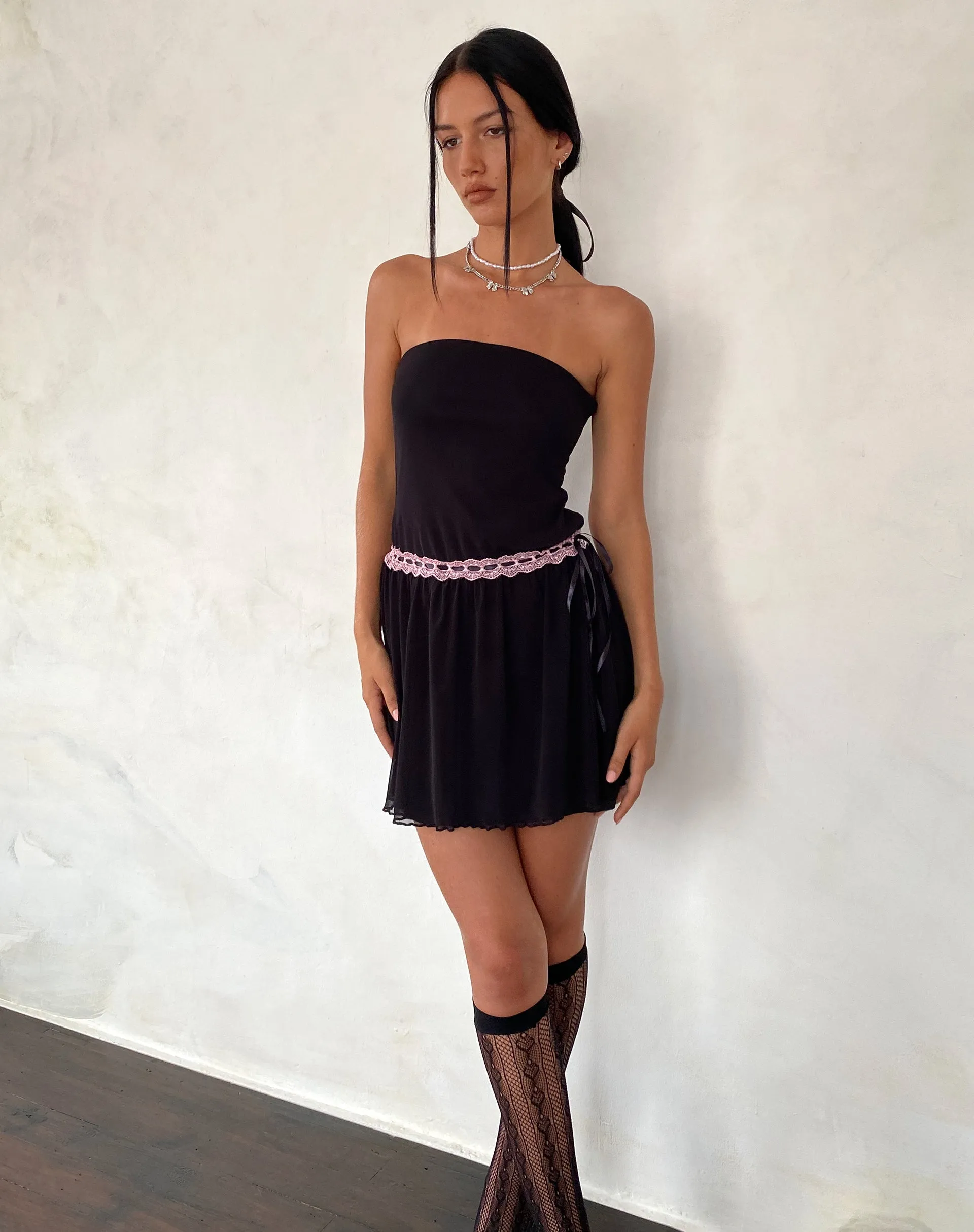 Cleodora Bandeau Mesh Mini Dress in Black with Pink Waistband